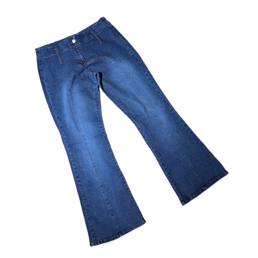 Vtg Y2K Blue Asphalt Seam Detail Pocketless Low Rise Flare Jeans Sz 12 13